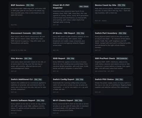 Tool grid with a new Device Count by Site card marked Mist API added and a Remove link beneath it, alongside the built-in tool cards