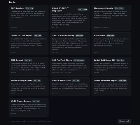 Mist Toolbox home screen with thirteen tool cards, from BGP Sessions to Wi-Fi Clients Export, and a Manage tools button