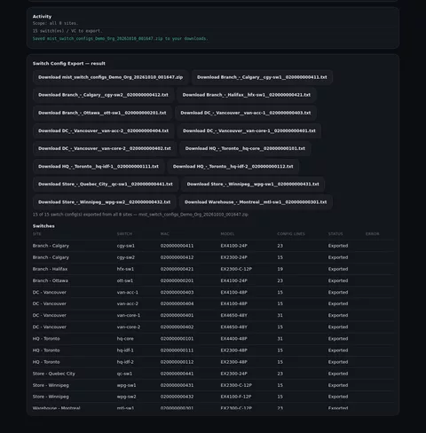 Switch Config Export result with a download button for the zip and for each of fifteen switch configuration files, above a per-switch table