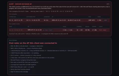 Disconnect Console alert reading session on radar AP, with the session and radar event rows, above an RCA finding listing the correlated causes